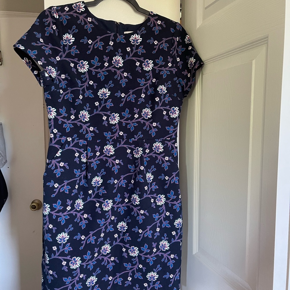 Loft Womens Dress Blue Sheath Floral Print Short Sleeve Pockets Knit Stretch